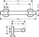 Hansgrohe Fußstütze mit zwei runden Halterungen und einer horizontalen Stange. Maße und Details sind schematisch dargestellt.